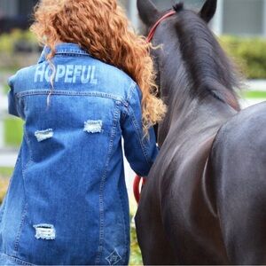 Good Mood Mind “Hopeful” Blue Distressed Jean Jacket Size Medium New With Tag